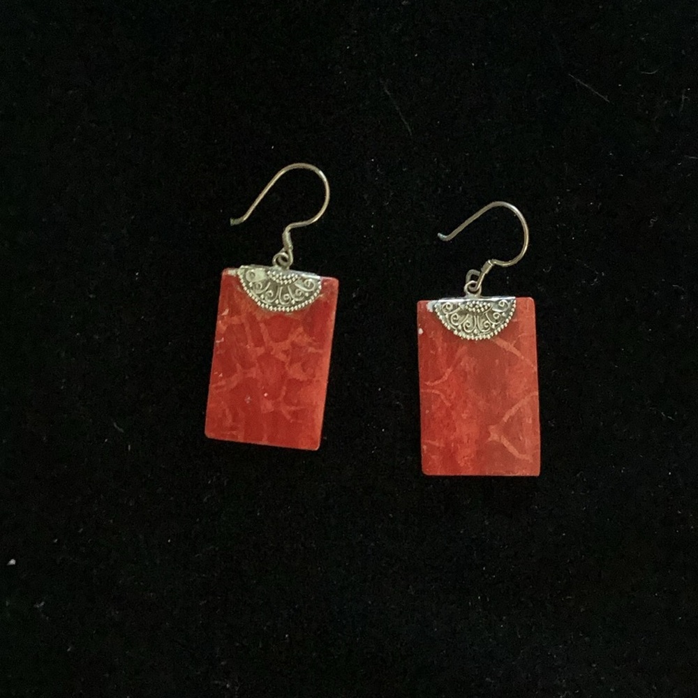 Red and Silver Square Earrings
